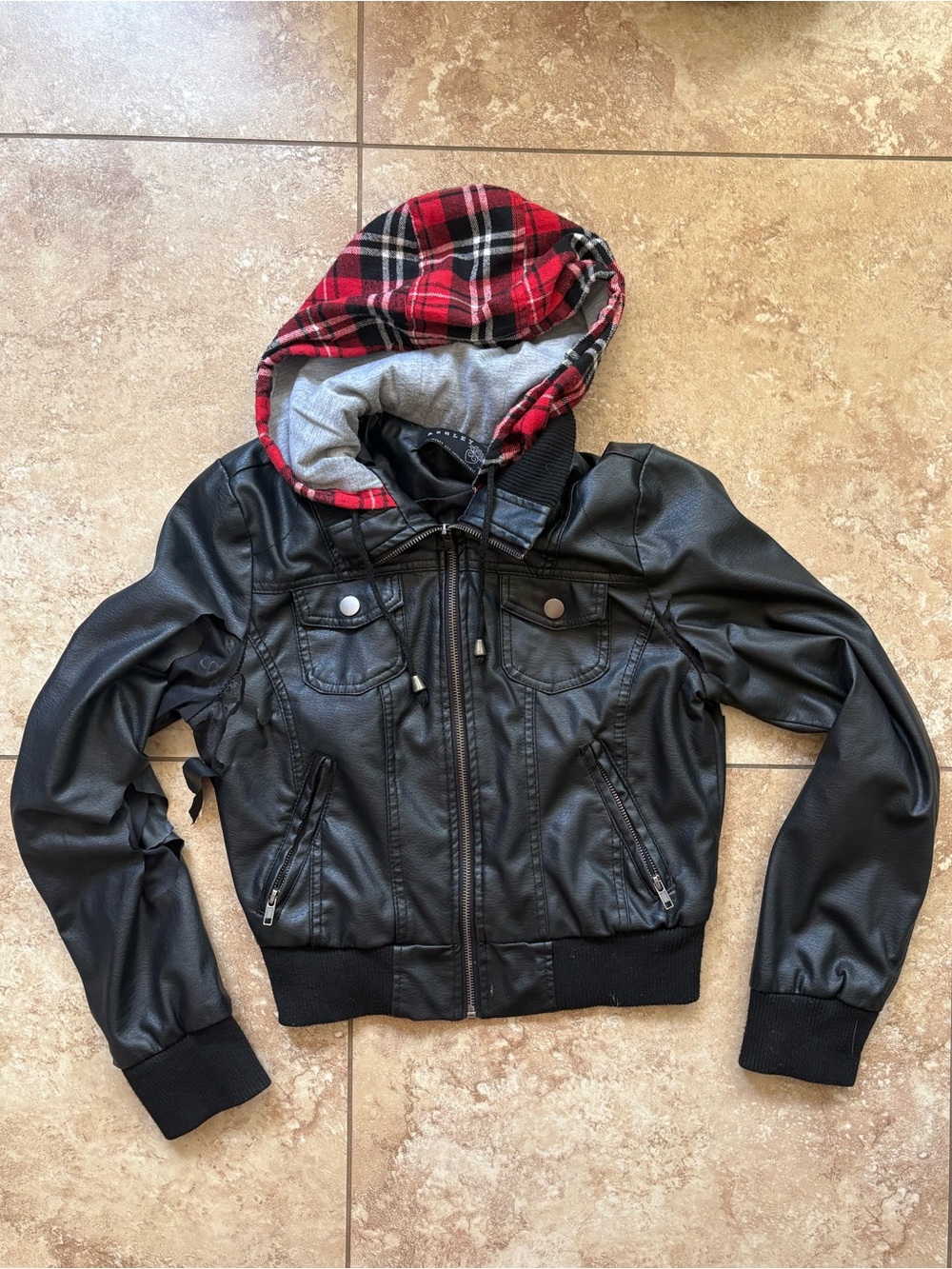 Ashley By 26 International Black Faux Leather Jacket with Red Plaid Hood Biker